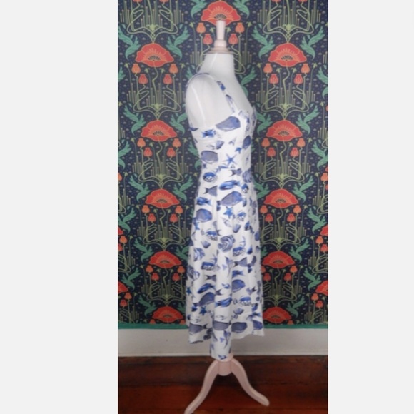 Avec Les Filles Blue White Fish Seashell Nautical Fit Flare Dress 6 - Picture 4 of 5